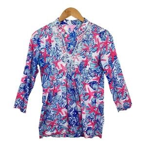 Lilly Pulitzer Bungle In The Jungle Pink Tropical Beaded Embroidered Tunic SZ XS
